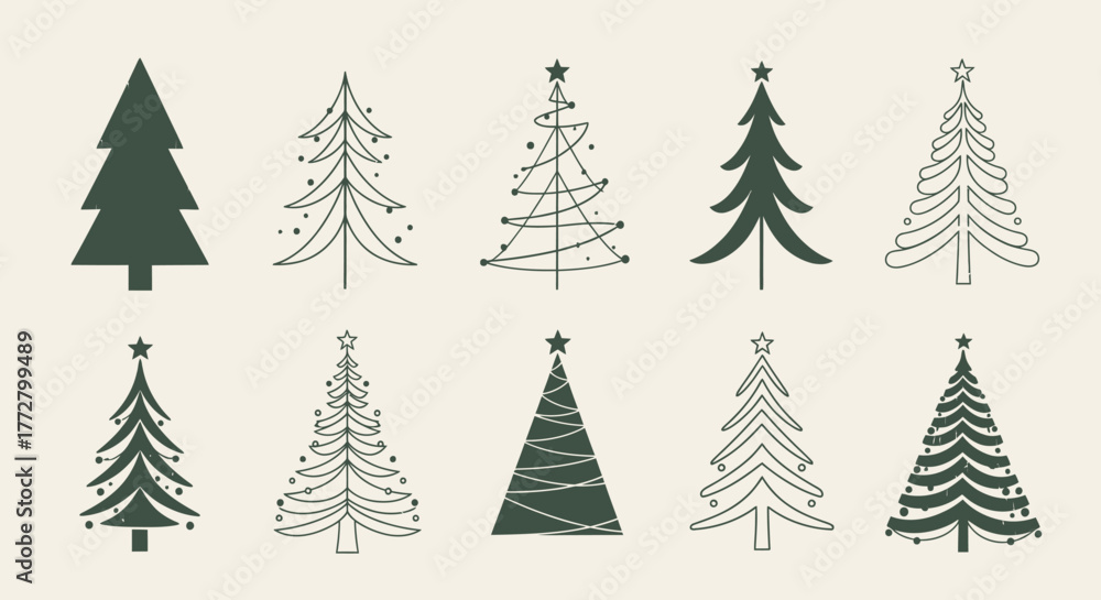 Obraz premium Collection of ten stylized Christmas tree illustrations in varying designs and shapes against a neutral background.