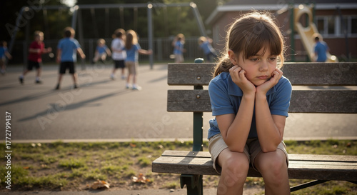 Isolated girl sits alone on bench experiencing bullying. This bullying photo shows upset child with a somber expression, feeling isolated from peers.