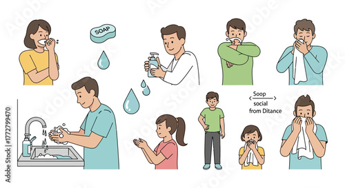 Vector illustration set of characters demonstrating proper hygiene and disease prevention methods