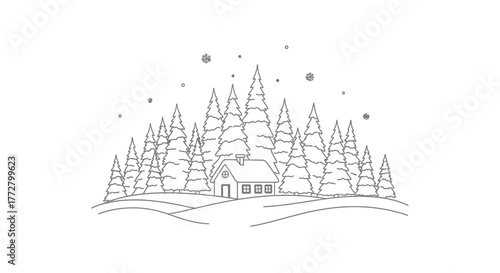Line art illustration of a house nestled among pine trees in a snowy landscape with falling snowflakes.