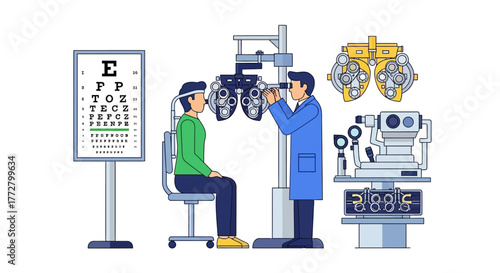 Vector illustration of an optometrist performing a thorough eye examination on a patient with modern diagnostic equipment