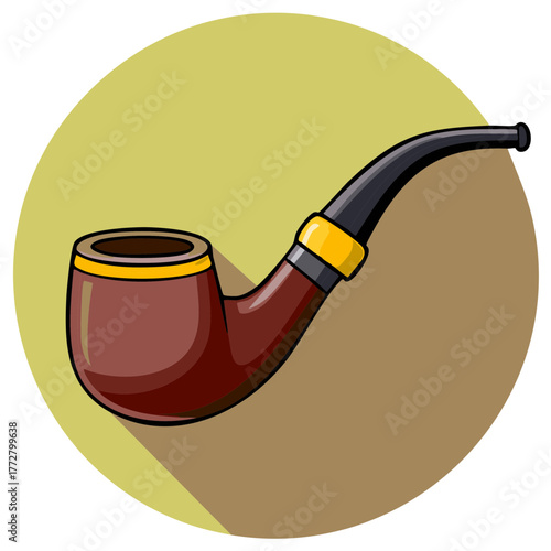 Smoking pipe illustration, with brown bowl, black stem, and yellow accents, on round background.