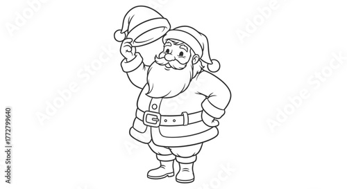Cartoon depiction of Santa Claus holding his hat, smiling and standing.