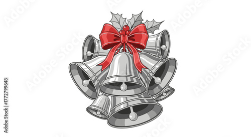 A cluster of silver bells tied with a red bow, adorned with holly leaves.