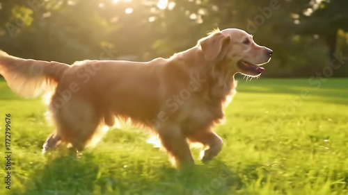 Dog Running Happily Through Sunlit Grassy Field