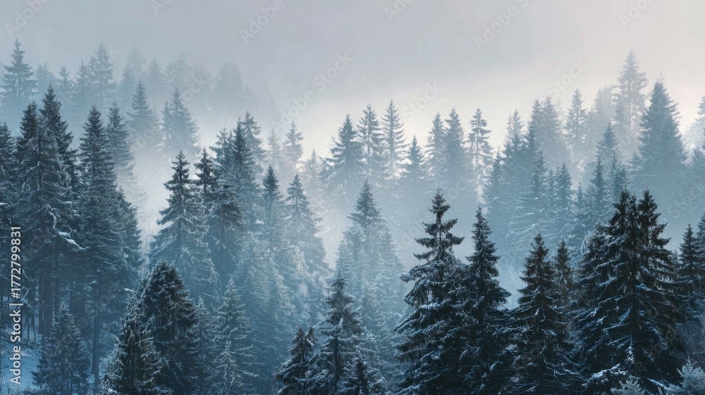 Obraz premium Misty pine forest landscape with snow-covered trees in winter