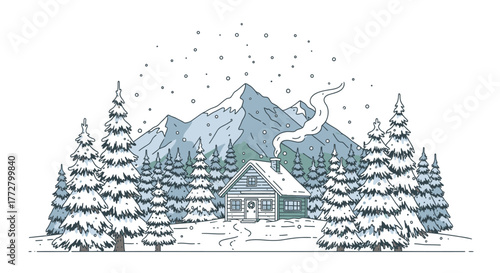 A cozy cabin scene nestled in a snowy forest with mountains in the background and smoke rising from the chimney.