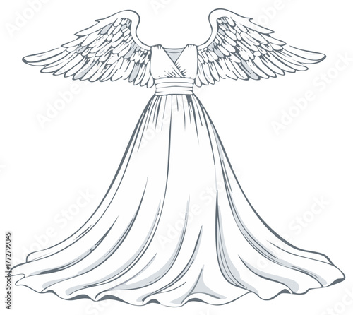 Graceful flowing white gown adorned with majestic angel wings, ethereal design illustration