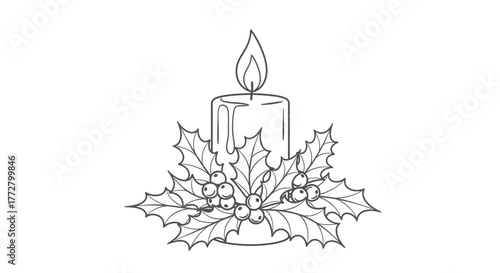 Line art illustration of a lit candle surrounded by holly leaves and berries.