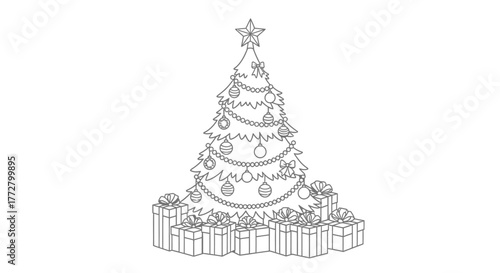 Outlined Christmas tree decorated with ornaments, star, and wrapped presents.
