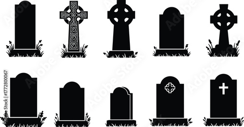 Gravestone silhouette vector, tombstone clipart set, cemetery cross design, gothic headstone illustration, spooky graveyard art, Halloween burial marker, RIP
