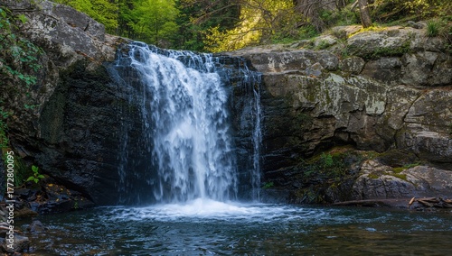 Close-up of a beautiful waterfall, showcasing the natural flow of water and the surrounding environment