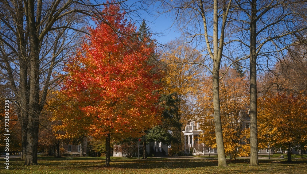 Fototapeta premium Colorful autumn leaves on trees in an urban park setting