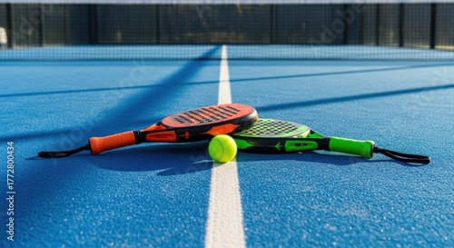 Vibrant Orange and Green Padel Rackets with Neon Ball on Bright Blue Court, Ready for Play