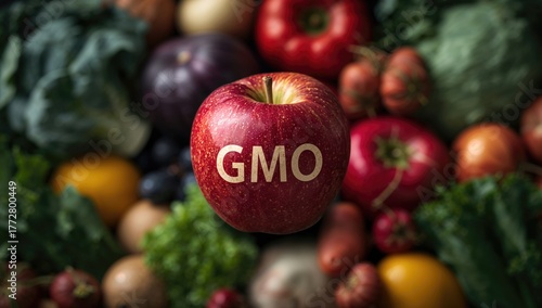 Genetically modified apple labeled GMO, surrounded by assorted vegetables and fruits, processed food awareness