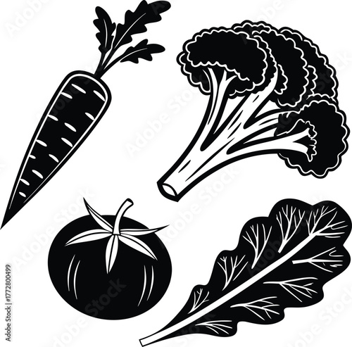 Monochrome Organic Vegetables & Fruits Vector Elements – Carrot, Broccoli, Tomato & Leafy Greens for Market Logo, Restaurant Menu, and Healthy Lifestyle Design