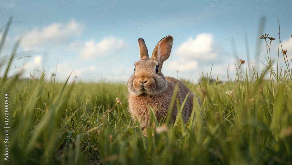 Fototapeta premium Brown rabbit resting in tall grass, observing its surroundings