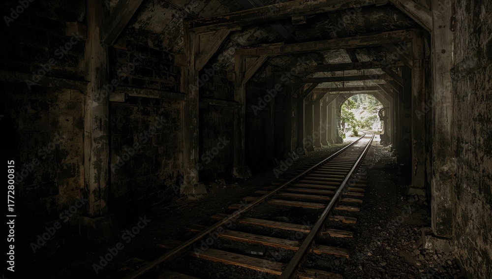 Fototapeta premium Adit mining tunnel featuring intact rails on the ground, highlighting safety in mining operations