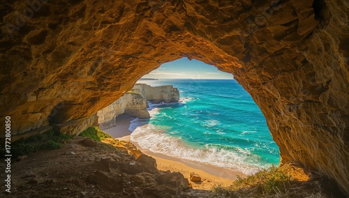 Sunlit stone arch framing a...