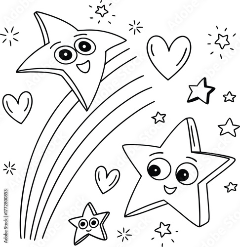 Adorable Kawaii Hand-Drawn Vector – Flying Stars and Love Hearts Outline for Children's Design, Stickers, Coloring Pages, and Educational Projects