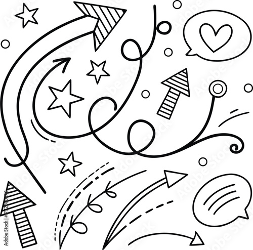 Dynamic Black & White Minimalist Vector Line Art – Directional Arrows, Cute Stars, and Communication Bubbles for Social Media, Web, and App Design