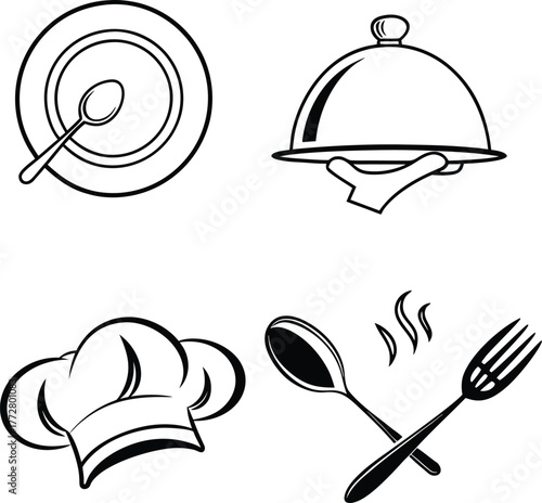 Minimalist Black & White Vector Line Art – Fine Dining Elements: Plate, Spoon, Fork & Professional Service Cloche for Restaurant Menu, Branding, and Culinary Design