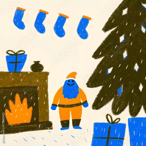 Kids Holiday Illustration – Uneven Lines, Crayon Texture, Festive Red Green Gold Palette