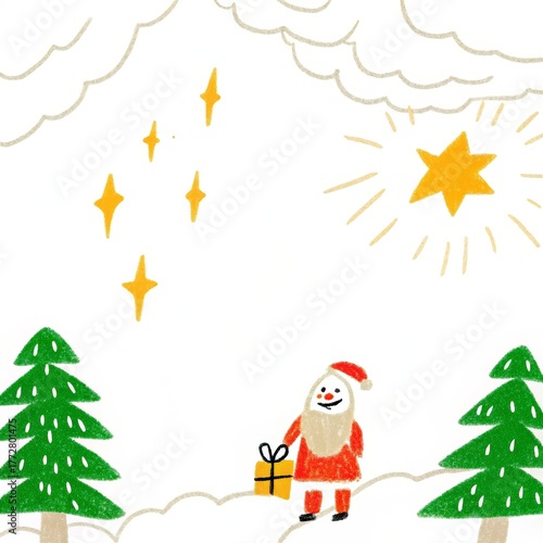 Naive Art Christmas Illustration – Childlike Drawing of Santa Claus and Presents