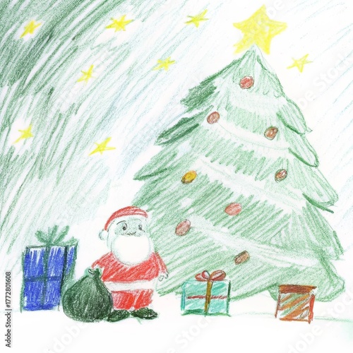 Festive Child Art – Anticipation of Santa, Wrapped Presents, Christmas Tree, Snowflakes