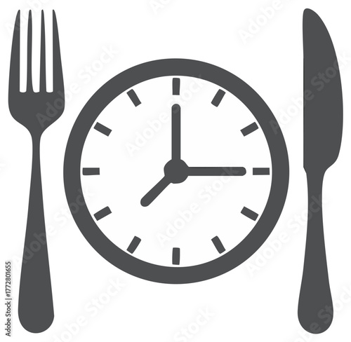 Mealtime clock with fork and knife symbolizes eating on schedule