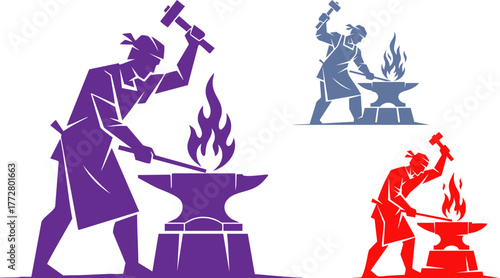 Blacksmith forging metal with hammer and anvil in a stylized silhouette illustration