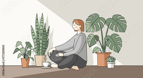 Woman meditating peacefully surrounded by plants in a sunlit room for relaxation