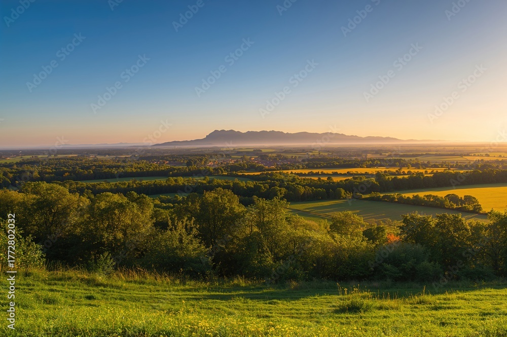 Obraz premium Countryside scenery featuring lush meadows and woodland. Premium quality image