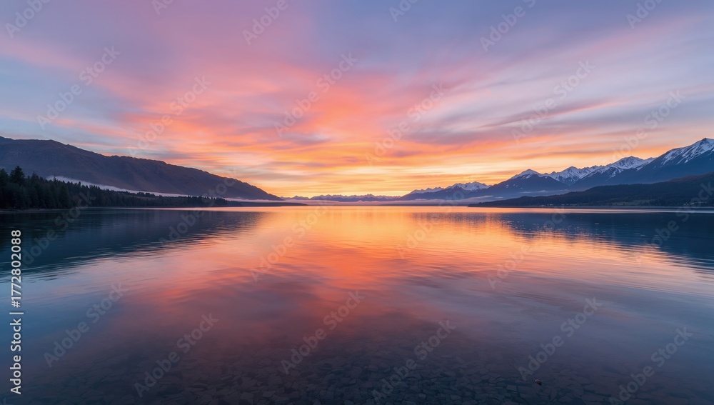 Naklejka premium Sunrise over a tranquil mountain lake