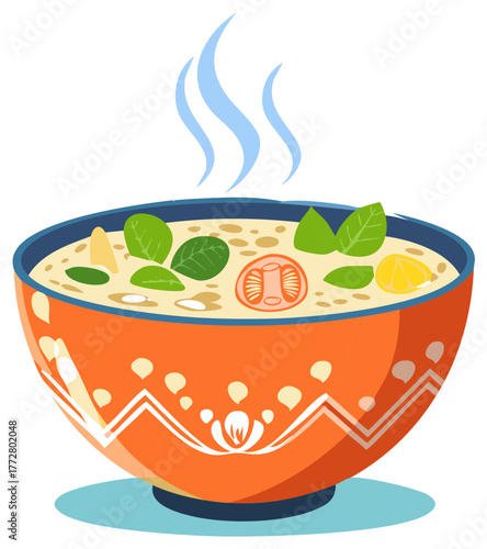 Steaming Bowl of Creamy Soup with Fresh Herbs and Tomato Illustration