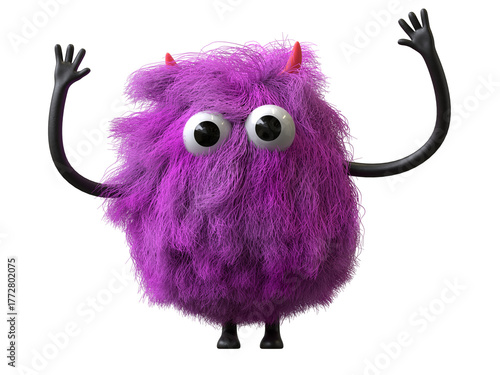 Fluffy, cute monster with raised arms, symbolizing excitement or victory. 3D rendering, conceptual image. Isolated on white background.
