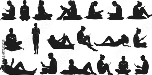 Reading silhouette vector, people reading book clipart, study posture design, student lifestyle art, education activity graphic, learning illustration set