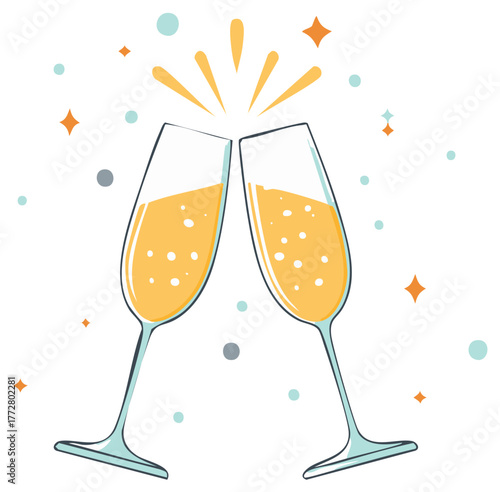 Two champagne glasses clinking together with bubbles and sparkles celebration