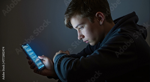 Social media harassment concept featuring young man staring intently at his phone in dim lighting, illustrating digital abuse. Social media harassment setup involves online bullying and cyber threats.