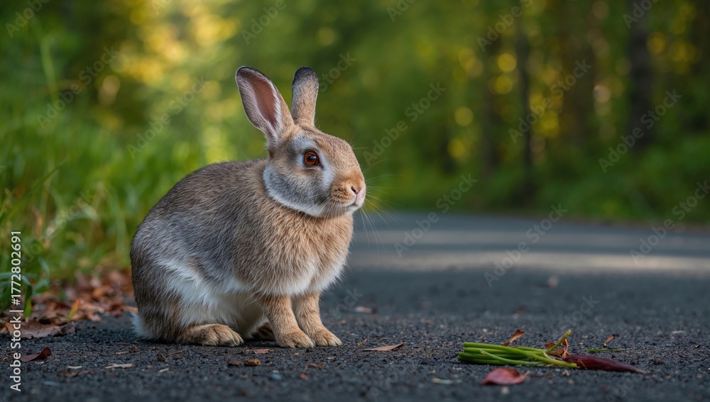 Fototapeta premium Bunny sitting on the pavement surrounded by greenery