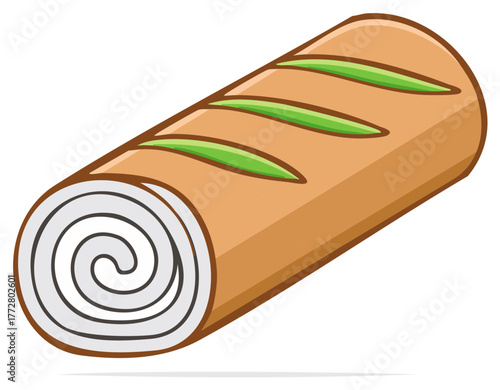 Cartoon Swiss Roll Illustration with Green Stripes Delicious Dessert Pastry Food Graphic