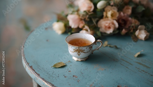 Cup of tea resting on a blu...