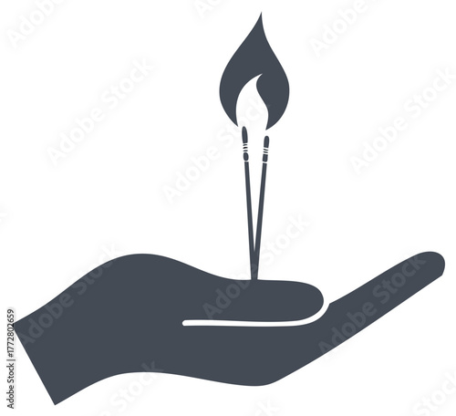 Hand presenting lit matches with fire flame, symbol of hope and protection in a conceptual icon.