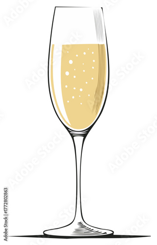 Elegant champagne flute filled with bubbly golden beverage and effervescent bubbles