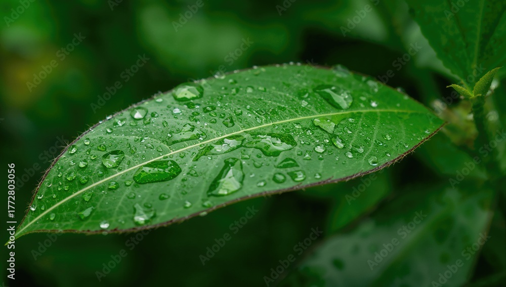 Obraz premium Detailed shot of a vibrant green leaf covered in raindrops in wet weather