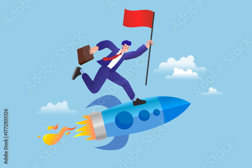 Successful businessman riding a fast blue rocket, holding a red flag and briefcase. Concept of startup launch, rapid career growth, achieving goals, and boosting business performance to the sky.