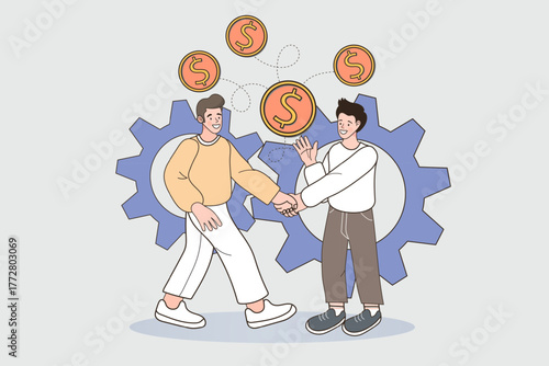 Two men shake hands in front of gears, with money transferring between them. Duotone outline illustration symbolizes a successful business partnership, B2B financial deal, and process collaboration.