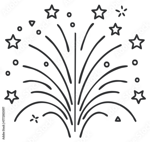 Festive fireworks explosion with sparkling stars and dots simple doodle line art icon