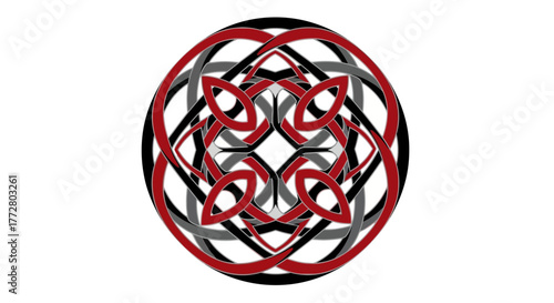 Intricate knotted pattern with interlocking elements in shades of red, black, and gray on a white