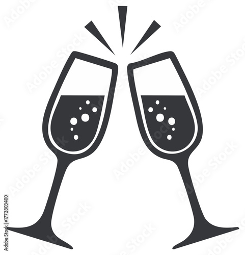 Elegant Toast: Stylized Wine Glasses Clinking in Celebration with Sparkling Bubbles and Geometric Light Burst